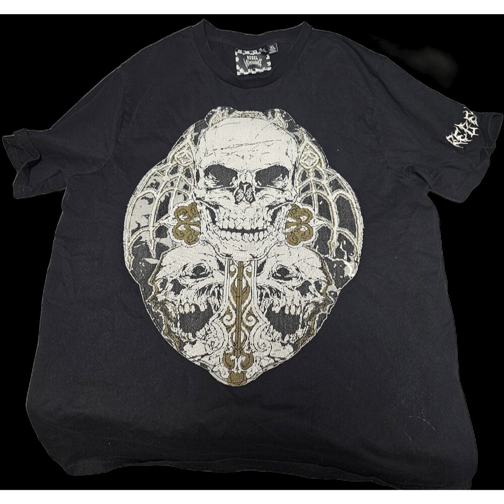 VINTAGE Y2K Rebel Vengeance Black Gold Embroidered T Shirt XL